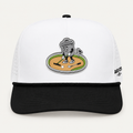 Front view of the white and black Basura Bunker cap with a trash-can golfer sand-trap patch.
