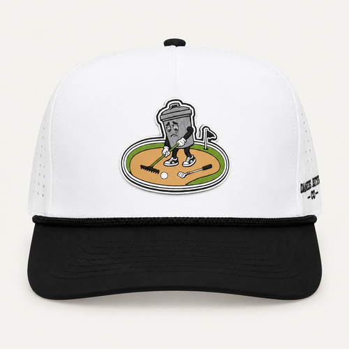 Front view of the white and black Basura Bunker cap with a trash-can golfer sand-trap patch.