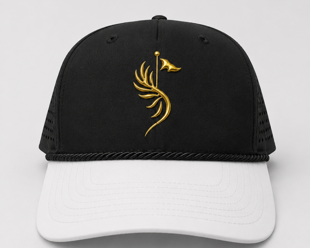 Suave Black Performance Cap with black crown, white brim, black rope, and gold golf emblem, front view.