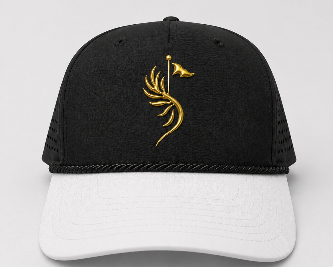 Suave Black Performance Cap with black crown, white brim, black rope, and gold golf emblem, front view.