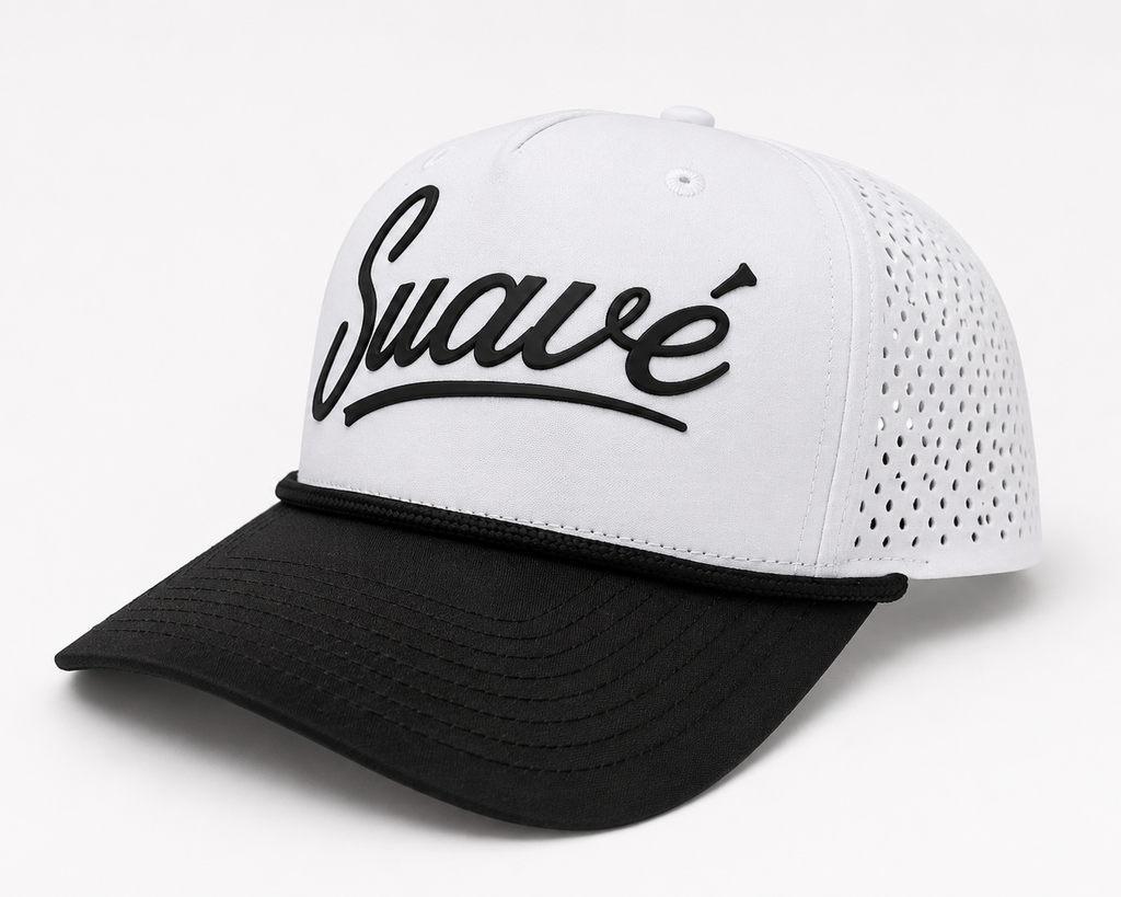 Three-quarter view of the white and black Suave Script Snapback with perforated side panels and raised black lettering.
