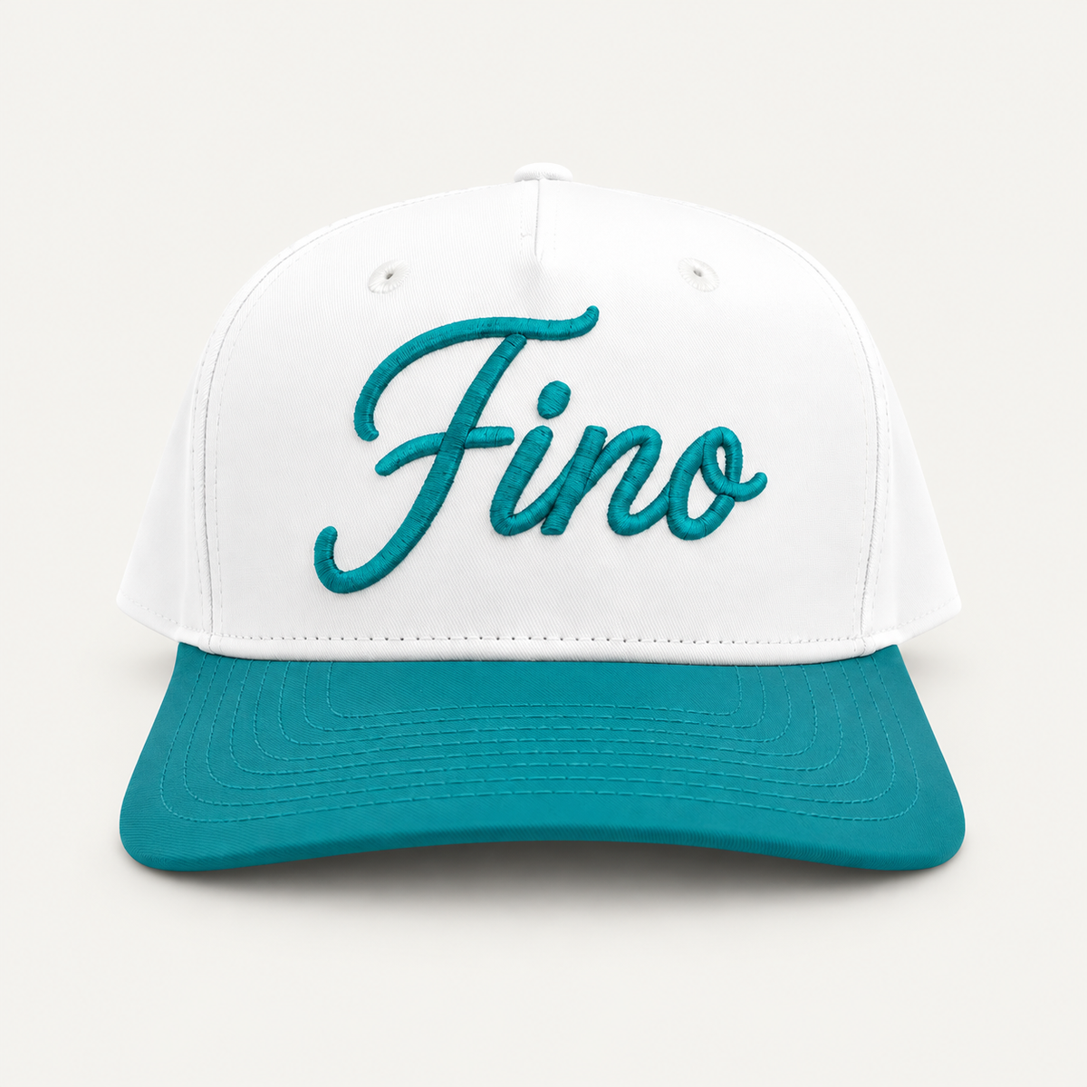Front view of the white and teal Fino snapback with teal script embroidery and a teal brim.