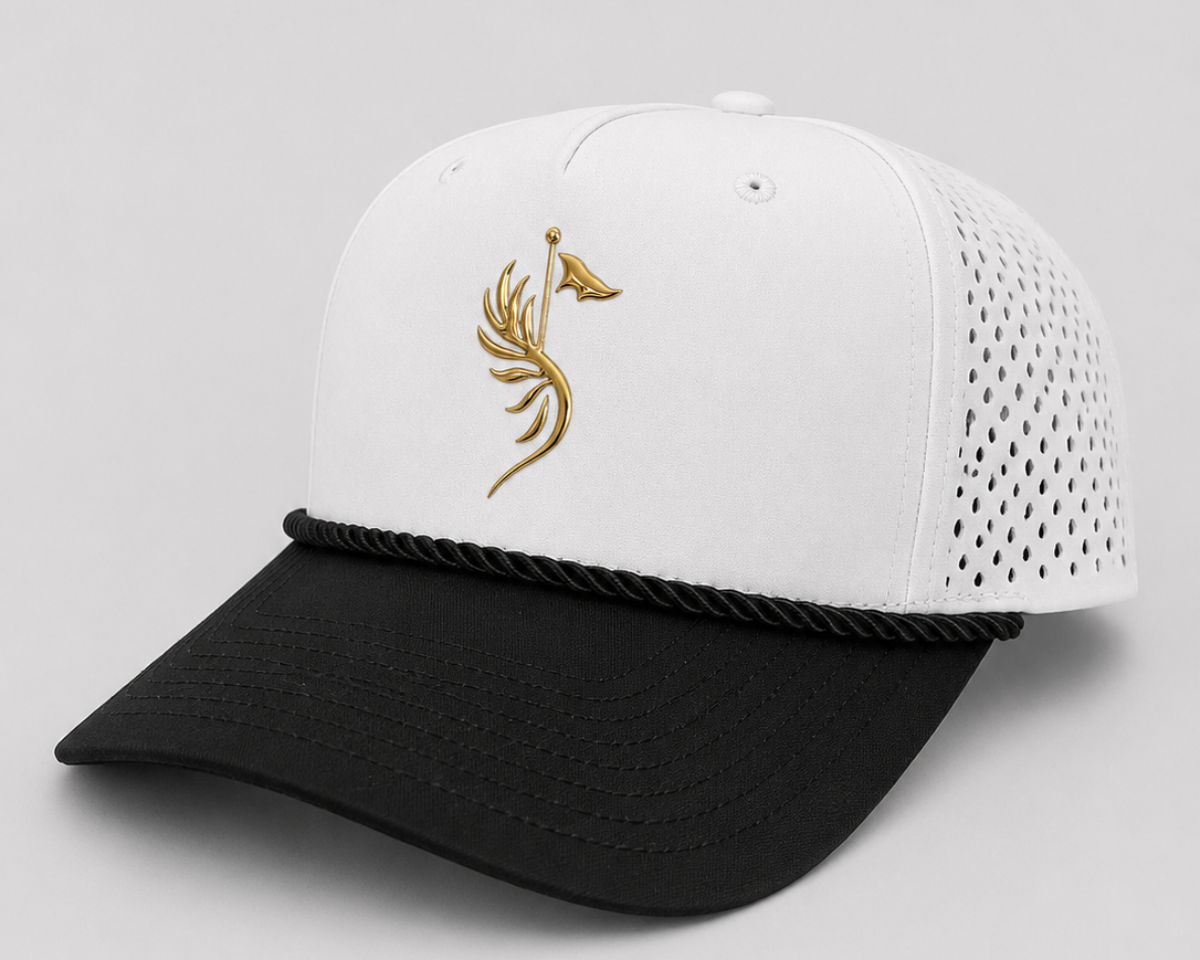 Suave White Performance Cap with white perforated side panels and black brim, three-quarter view.