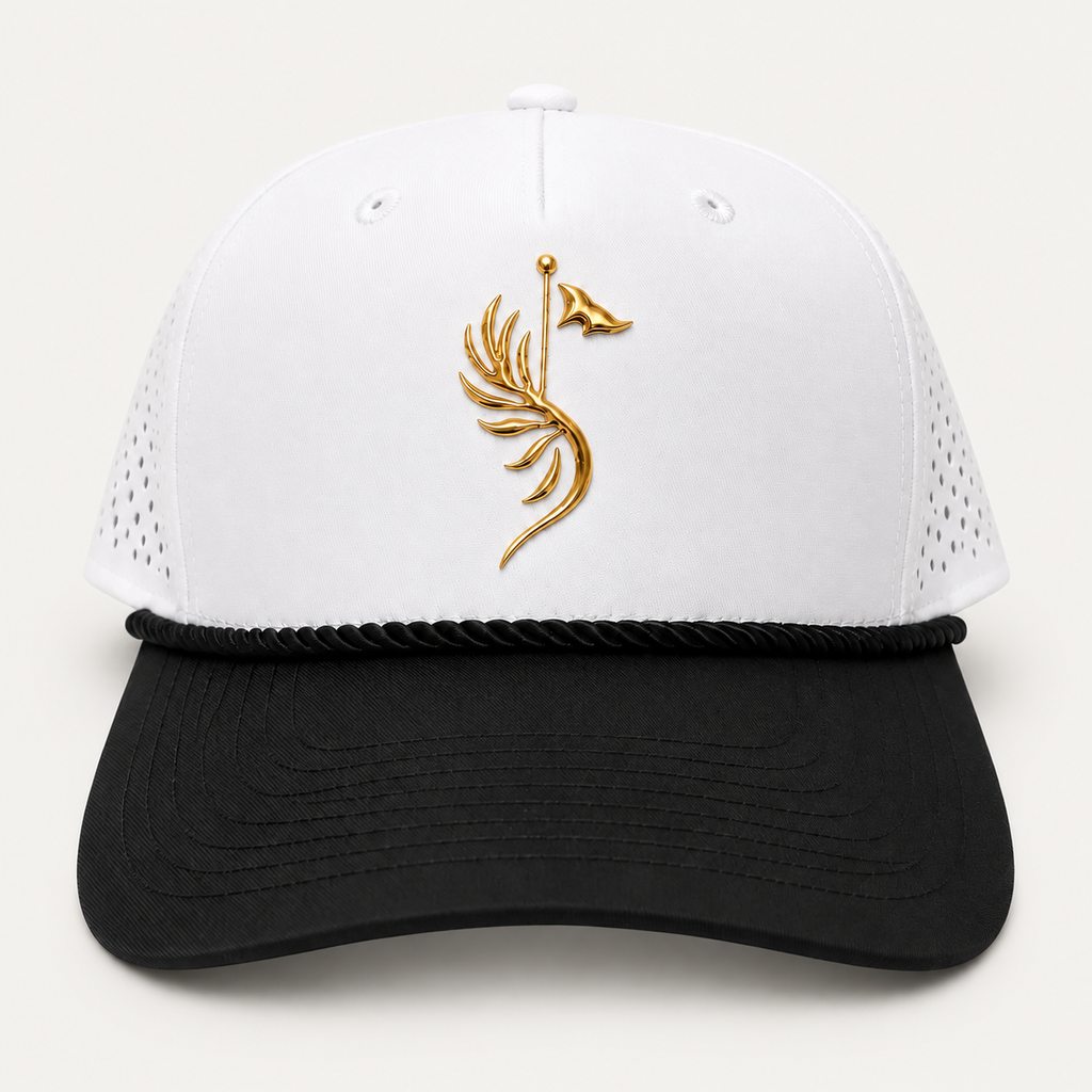 Suave White Performance Cap with white crown, black brim, black rope, and gold golf emblem, front view.