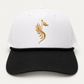 Suave White Performance Cap with white crown, black brim, black rope, and gold golf emblem, front view.