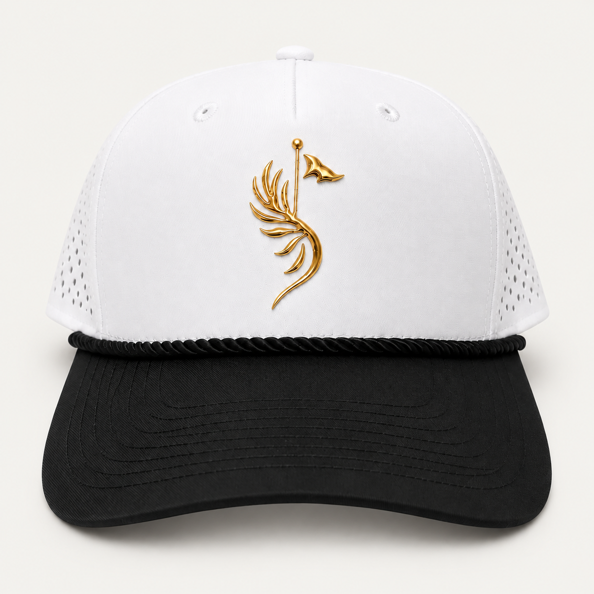 Suave White Performance Cap with white crown, black brim, black rope, and gold golf emblem, front view.