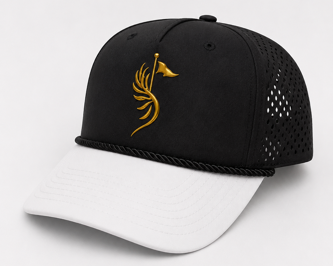 Suave Black Performance Cap with black perforated side panels and white brim, three-quarter view.