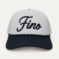 Front view of the gray and navy Fino cap with navy script embroidery and patterned rope trim.