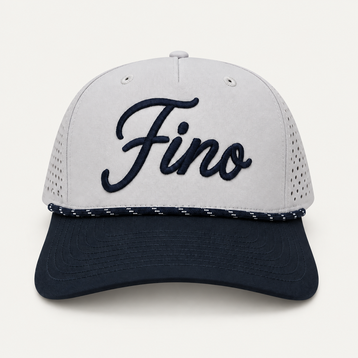 Front view of the gray and navy Fino cap with navy script embroidery and patterned rope trim.