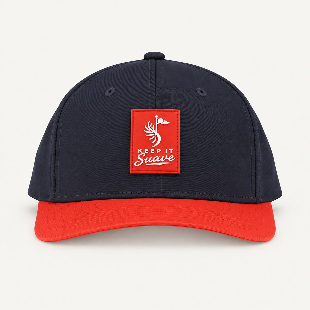 Keep It Suave snapback with navy crown, red brim, and red logo patch, front view.