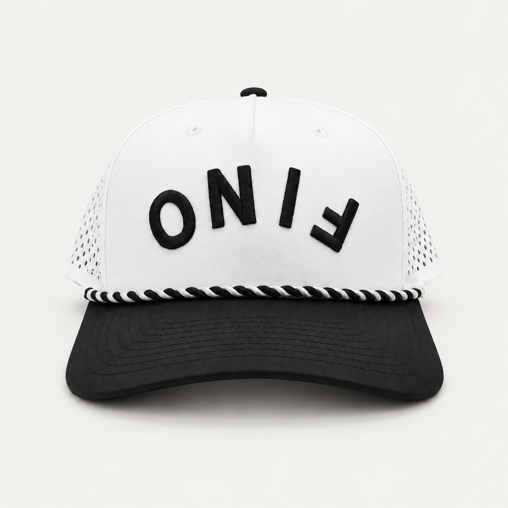 Front view of the white and black Fino cap with upside-down black lettering and black-and-white rope trim.