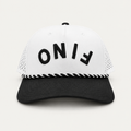 Front view of the white and black Fino cap with upside-down black lettering and black-and-white rope trim.