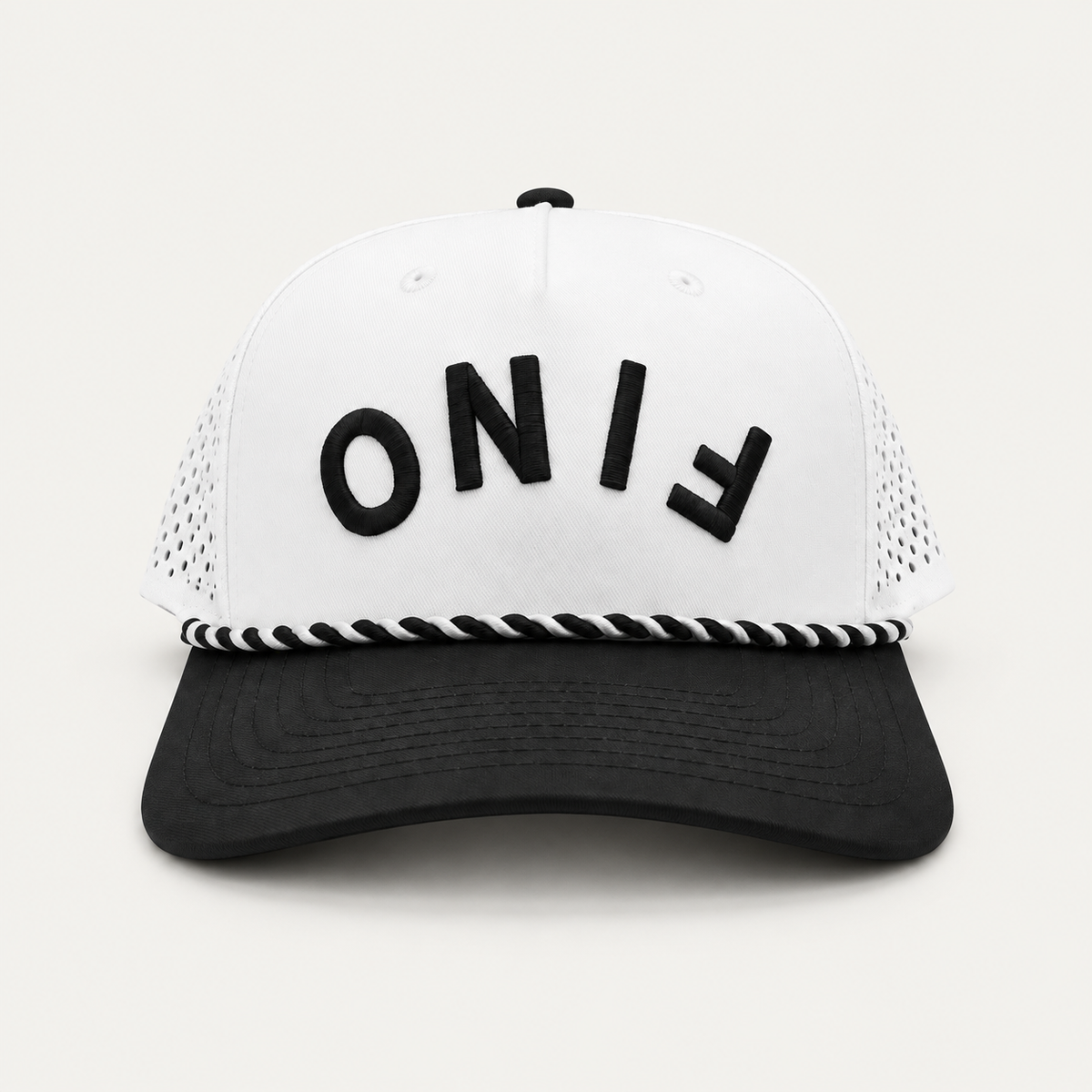 Front view of the white and black Fino cap with upside-down black lettering and black-and-white rope trim.