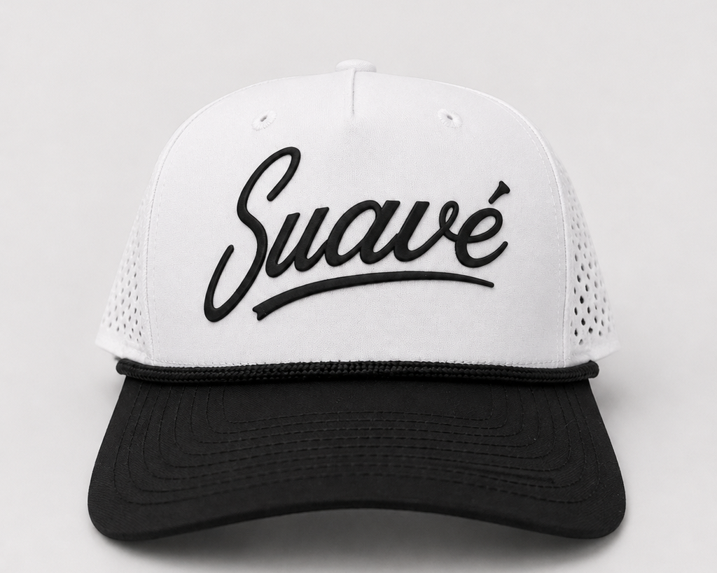 Front view of the white and black Suave Script Snapback with black rope trim and raised black lettering.