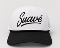 Front view of the white and black Suave Script Snapback with black rope trim and raised black lettering.