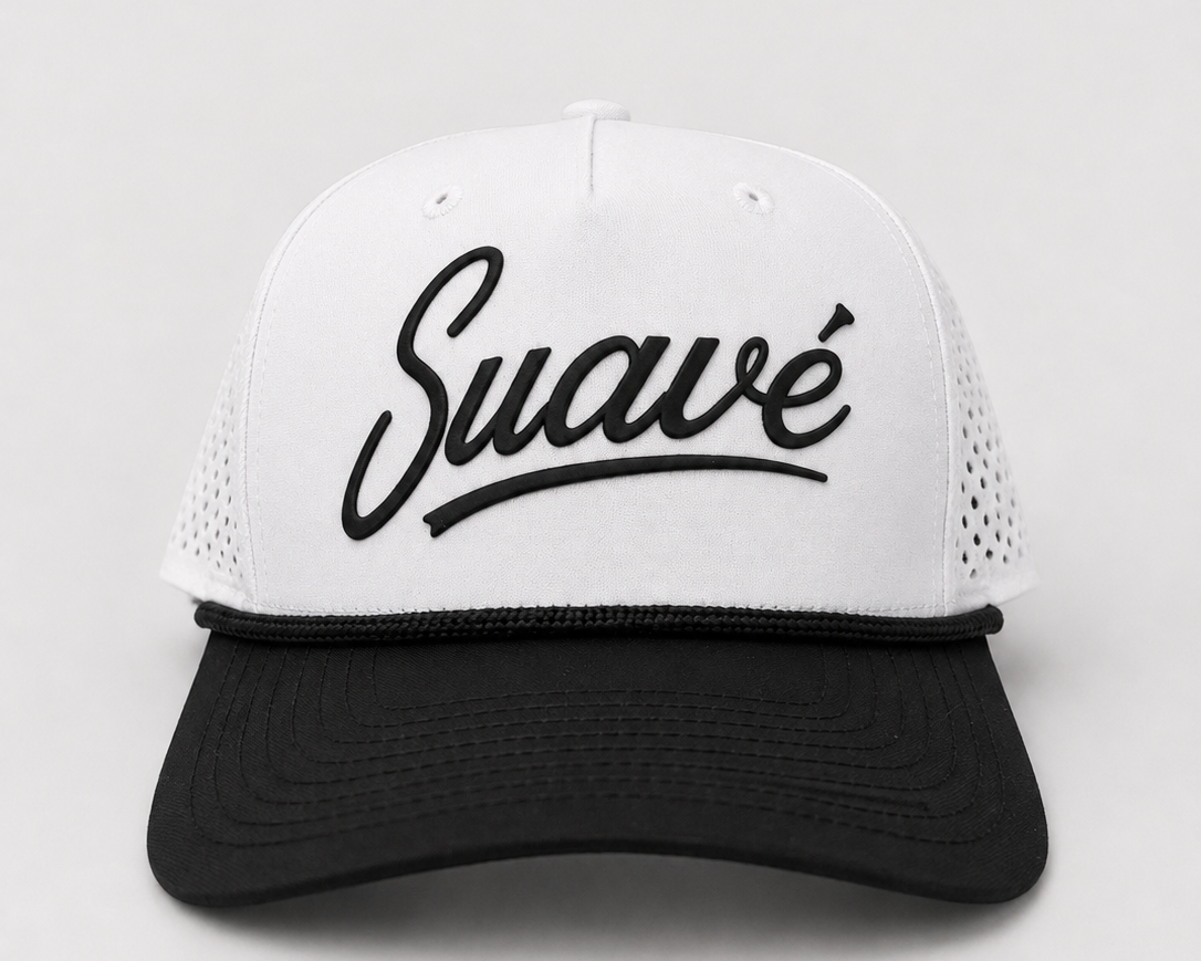 Front view of the white and black Suave Script Snapback with black rope trim and raised black lettering.