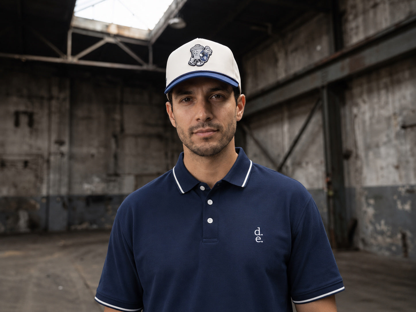 Golfer wearing a Basura Series Golfer hat in an industrial space
