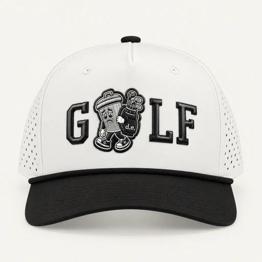 Basura GOLF hat with a white crown, black brim, and trash-can golfer between the letters