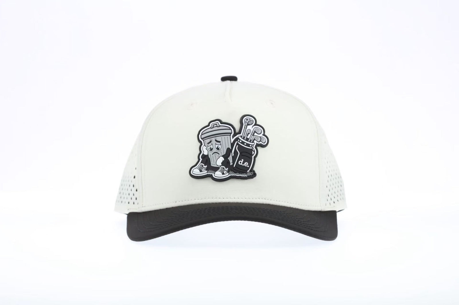 Basura Trash Round hat with a white crown, black brim, and trash-can golfer patch